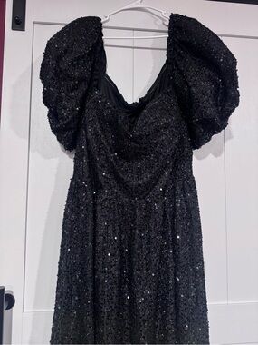 Black Sequin Maxi Dress with Statement Puff Sleeves